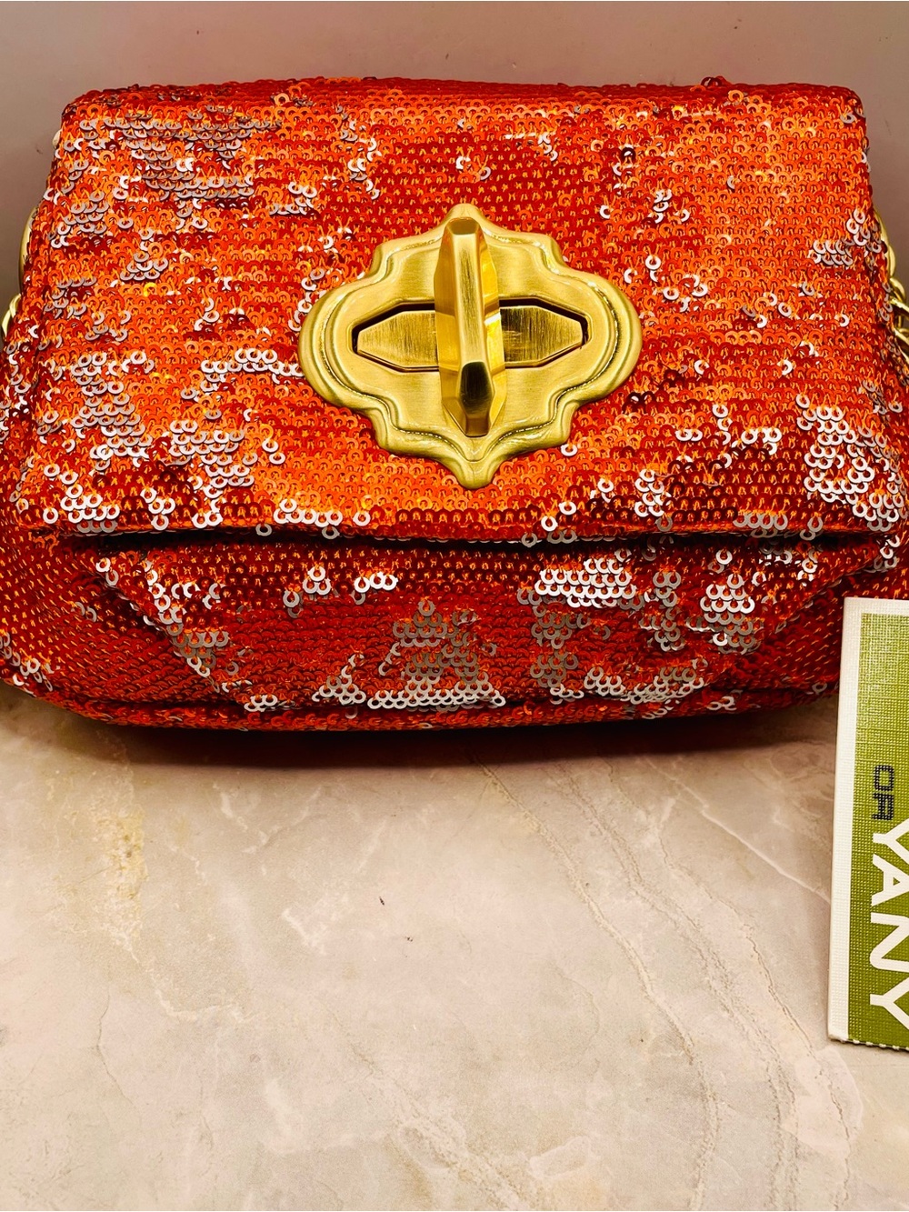 NWT orYANY Orange & Silver Sequin Crossbody w/Gold Turn-Lock. Chain link Strap